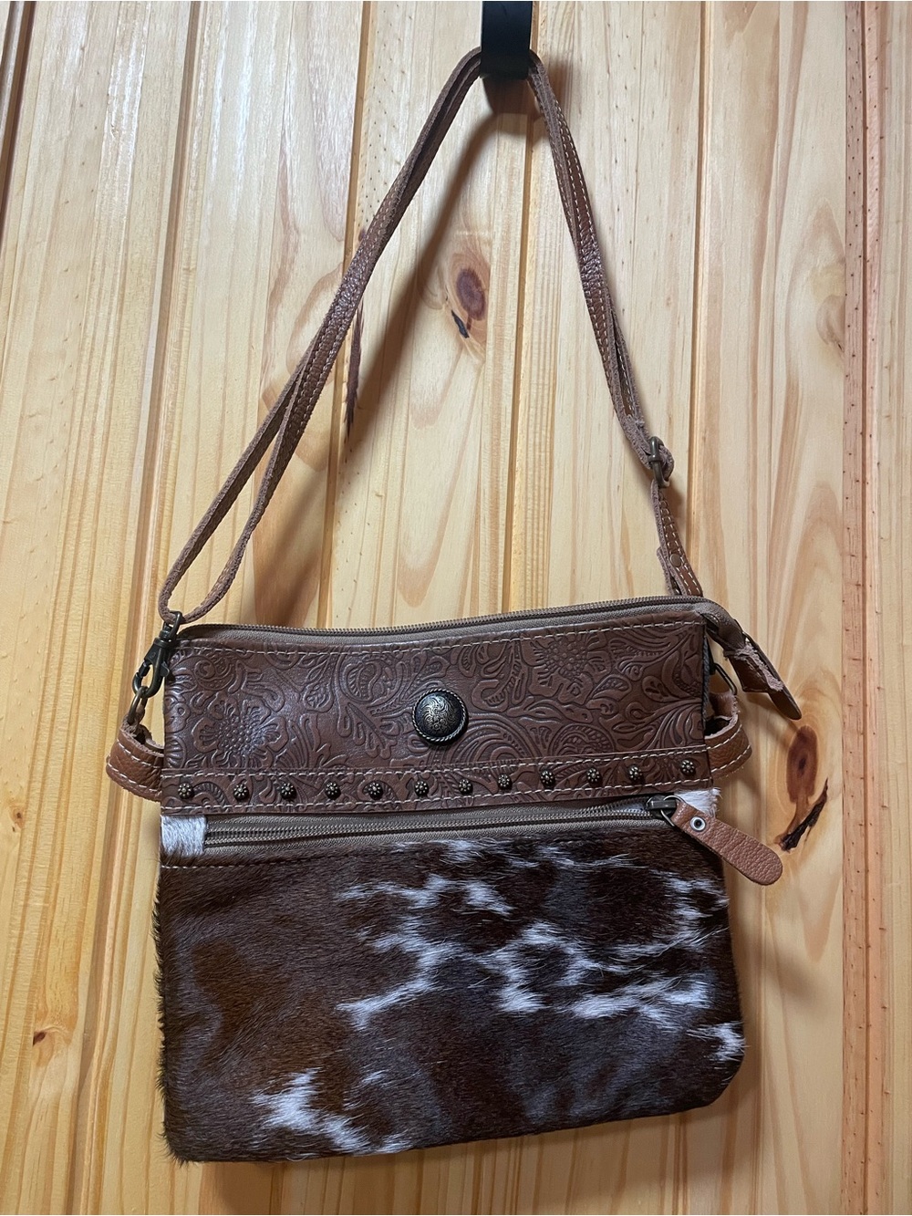 Myra bag Brown Tooled Leather and Cowhide Crossbody Bag